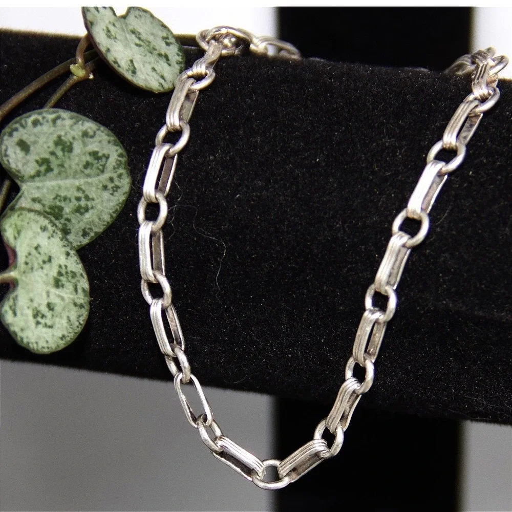 Vintage Sterling Silver 925 Textured Bar and Round Link Chain Bracelet 7.25in